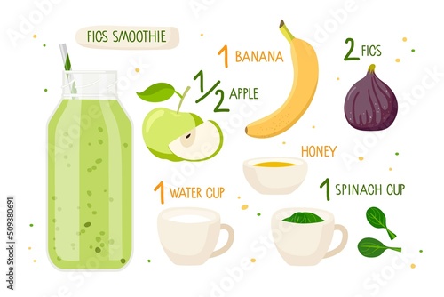Fig smoothie recipe. Healthy nutrition. Glass bottle with green smoothie and ingredients with inscriptions. Flat cartoon vector illustration For cafe menu, store, banner, recipe. Organic shake recipe.
