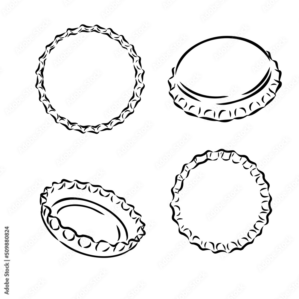 Set, iron beer bottle cap. Five angles. Sketch scratch board imitation. Black and white. Engraving vector illustration Set, iron beer bottle cap. Five angles. Sketch scratch board imitation. Black and white. Engraving vector illustration