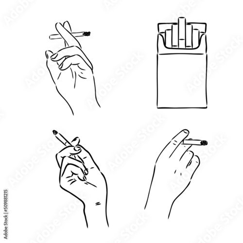 Black and white contour Male hand holding burning, smoking cigarette, hand drawn vector illustrations. Hand drawn male hand holding smoking cigarette
