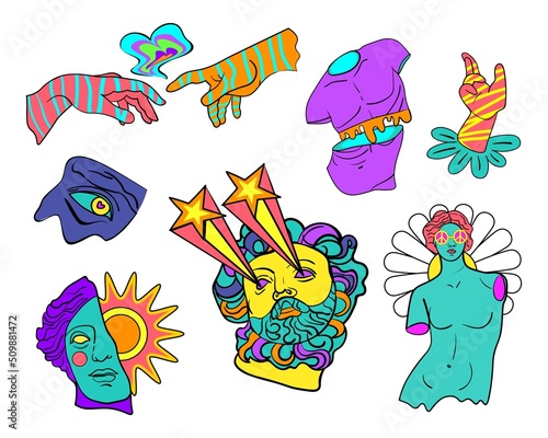 Set of psychedelic trippy greek sculpture. Greek sculpture multicolored stickers pack. Set of cartoon vector illustrations in trendy psychedelic style 
