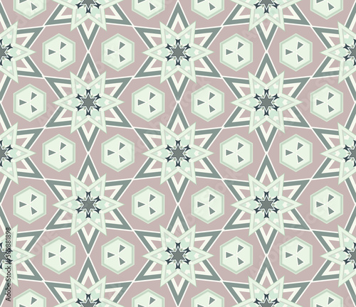 Seamless texture with hexagonal stars and hexagons on a pink-beige background. Vector illustration.