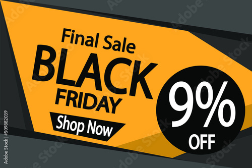 9% off black friday. Banner 9% discount para promoção final in black.