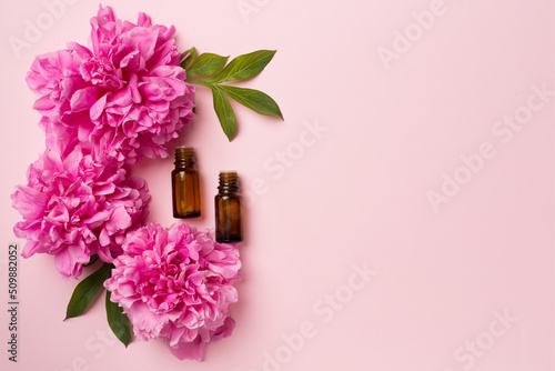 Peony flower essentials oils on color background, top view