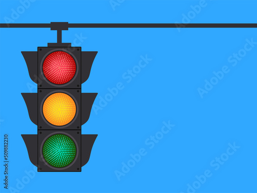Traffic lights banner on blue background. Vector stock illustration.
