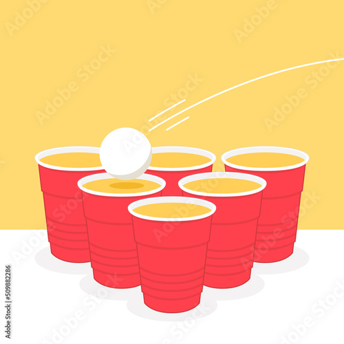 Plastic cups vector. Red Beer Pong plastic cups with ball. Traditional drinking game vector illustration.