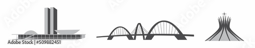 Conjunto de três construções ícones da cidade de Brasília, capital do Brasil: Congresso Nacional, Ponte Juscelino Kubitschek e Catedral Metropolitana de Brasília.
