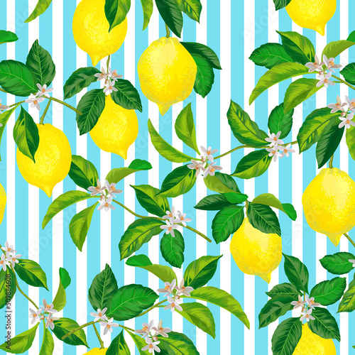 Lemon citrus pattern. Vector seamless summer illustration. Exotic fruit. Tropical wallpaper print.