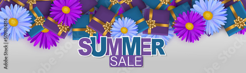 Summer sale banner or header Blue and purple daisy flowers and gift boxes with golden bow and ribbon. Vector illustration.