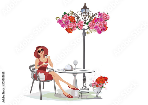Fashion people in the restaurant. Street cafe in the old city. Girls drinking coffee at the table near the retro window. Hand drawn Vector Illustration. 