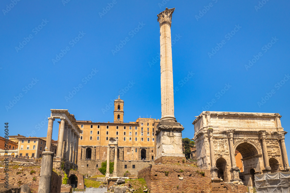 The Column of Phocas in The Roman Forum (latin name Forum Romanum), , plaza of the ancient roman ruins at the center of the city of Rome, Italy, Europe.
