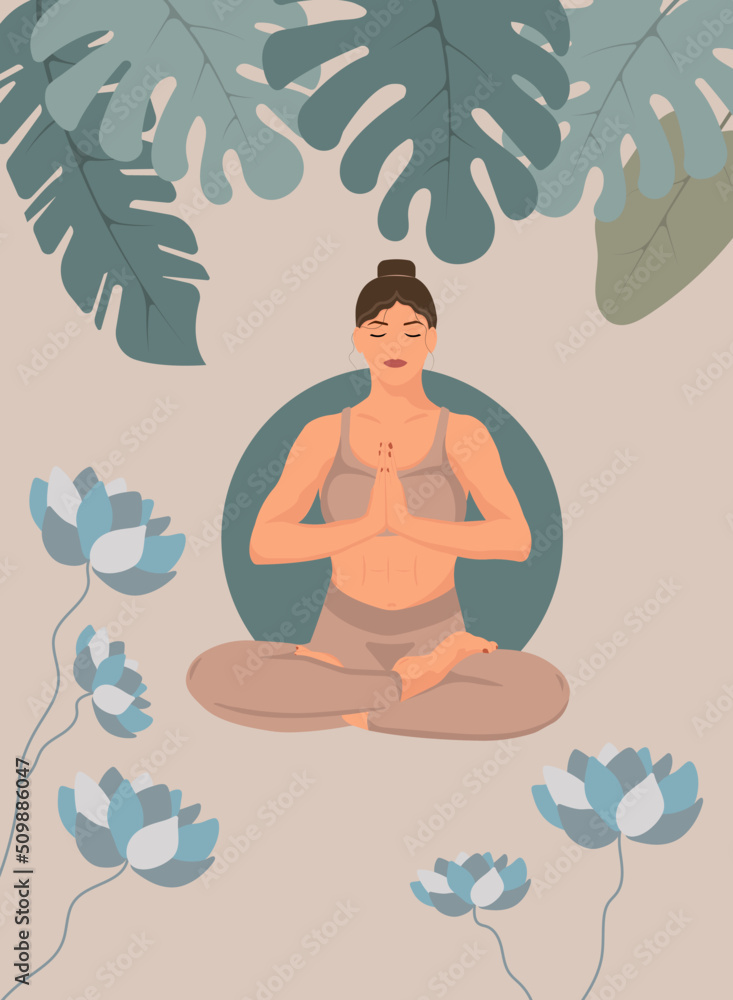 Yoga poster design. Lotus pose/assan illustration with hand-drawn lotus flowers and tropical leaves. 