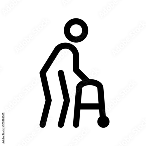 Patient with a walker outline icon. Editable stroke. Vector graphics