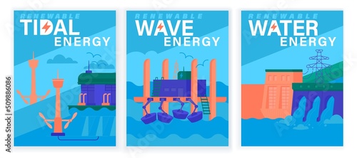 Renewable energy source posters collection. Vector illustration