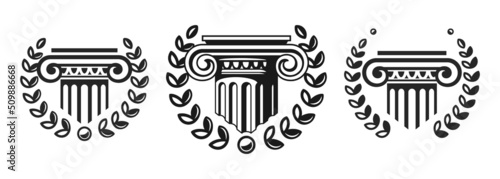 A set of antique columns-pedestals with a wreath. Law firm vector logos set. Architectural elements