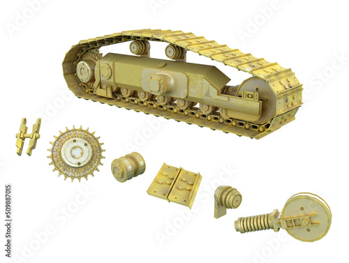 The undercarriage of the bulldozer. Isolate on white with separate details. 3d-rendering photo