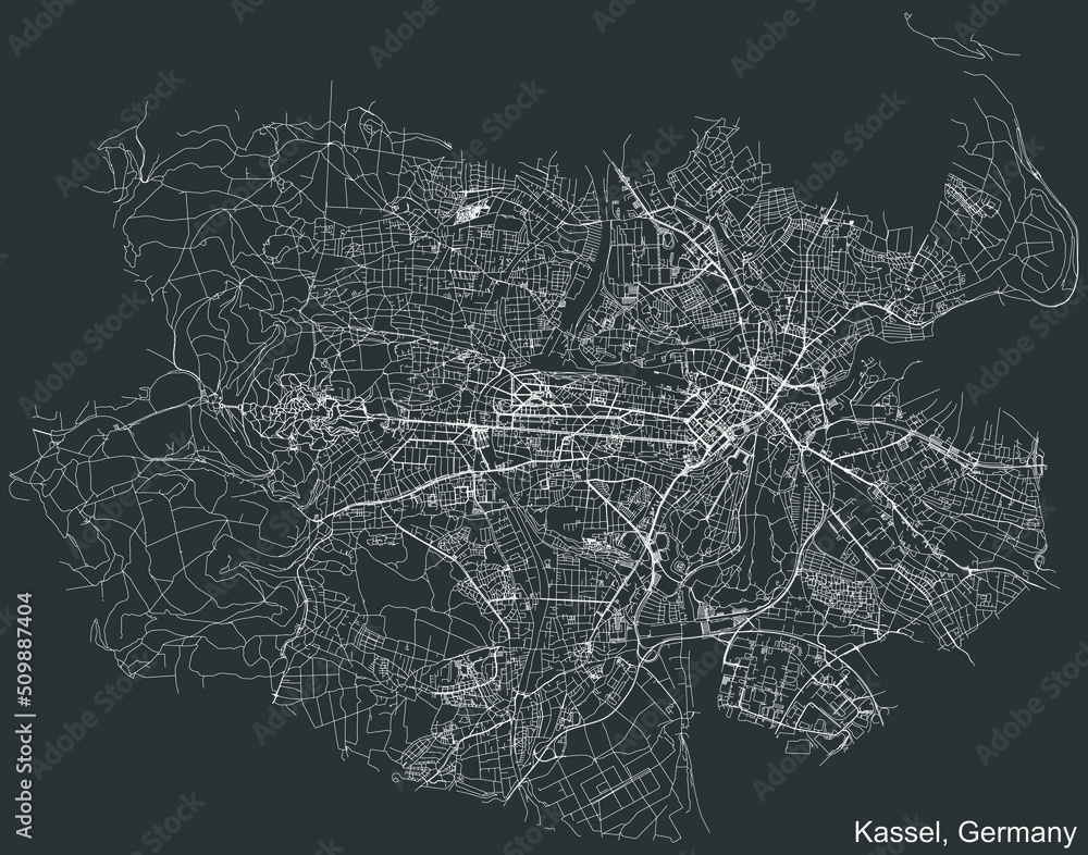 Detailed negative navigation white lines urban street roads map of the German regional capital city of KASSEL, GERMANY on dark gray background
