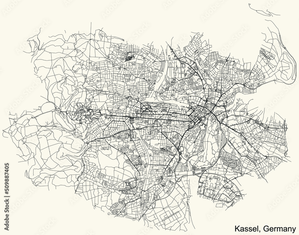 Fototapeta premium Detailed navigation black lines urban street roads map of the German regional capital city of KASSEL, GERMANY on vintage beige background