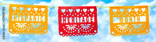 Hispanic heritage month background with mexican paper flags photo