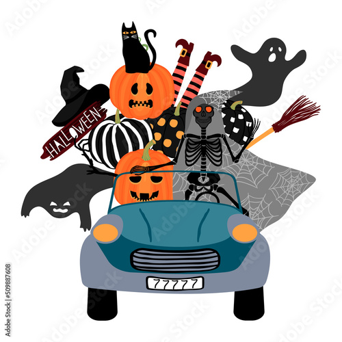 Happy Halloween!Retro car with human skeleton  in gray raincoat with hood.Orange pumpkins with cut aut faces, ghosts,cat, witch's feet and  broom.Vector background for printing on fabric and paper.
