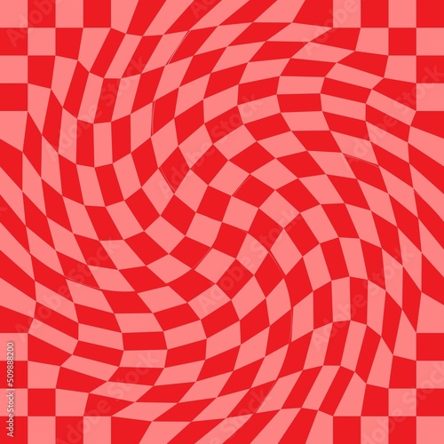 Red checkerboard pattern background.