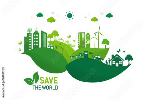 save ecosystem environment and energy on leaf. green ecology friendly city sustainable. eco family sustainable. solar cell and wind power. Earth nature day. vector illustration in flat style.