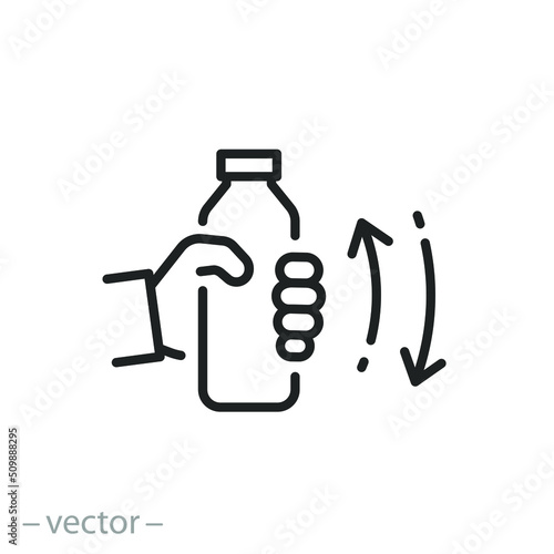 shake the bottle well, shaker icon, hand holding drink, thin line symbol on white background - editable stroke vector illustration photo
