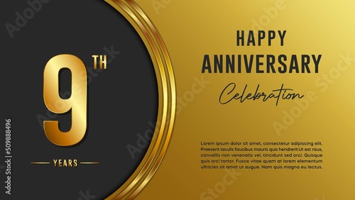 9th anniversary logo with gold color for booklets, leaflets, magazines, brochure posters, banners, web, invitations or greeting cards. Vector illustration.