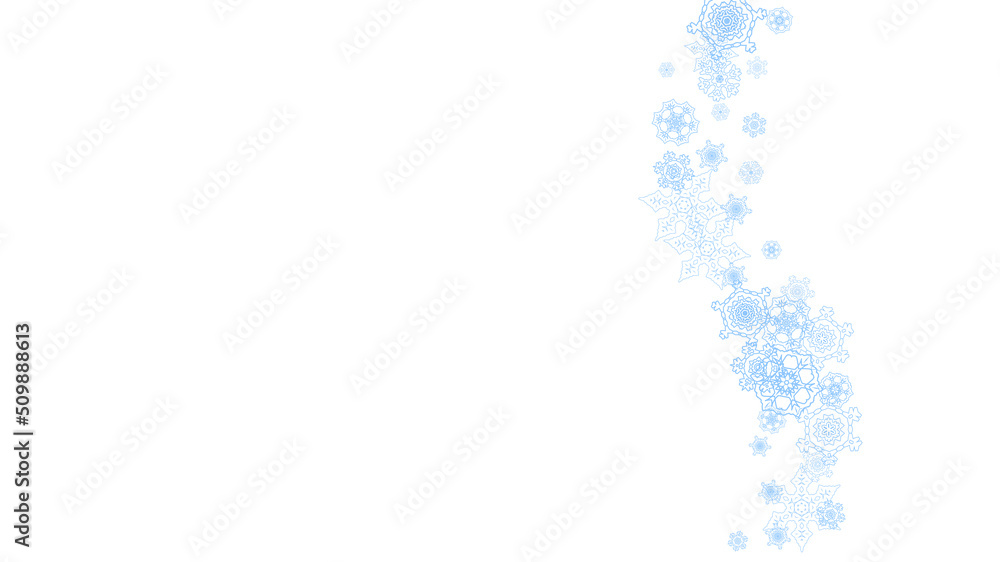 Obraz premium Winter frame with blue snowflakes for Christmas and New Year celebration. Horizontal winter frame on white background for banners, gift coupons, vouchers, ads, party events. Falling frosty snow.
