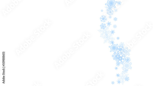 Winter frame with blue snowflakes for Christmas and New Year celebration. Horizontal winter frame on white background  for banners  gift coupons  vouchers  ads  party events. Falling frosty snow.