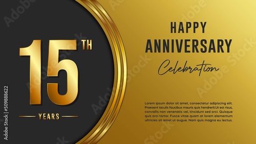 15th anniversary logo with gold color for booklets, leaflets, magazines, brochure posters, banners, web, invitations or greeting cards. Vector illustration.