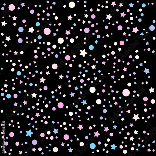 Colorful stars and circles pattern on the black background. Vector illustration. 