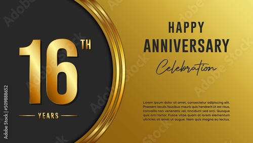 16th anniversary logo with gold color for booklets, leaflets, magazines, brochure posters, banners, web, invitations or greeting cards. Vector illustration. photo