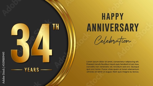 34th anniversary logo with gold color for booklets, leaflets, magazines, brochure posters, banners, web, invitations or greeting cards. Vector illustration.