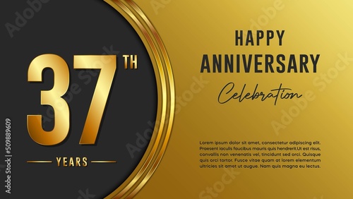 37th anniversary logo with gold color for booklets, leaflets, magazines, brochure posters, banners, web, invitations or greeting cards. Vector illustration.