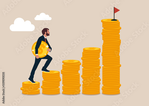 Office man carrying money coin start step on compound money stack. Start invest in stock market, begin savings to achieve financial goal, power of compound interest, collecting wealth.