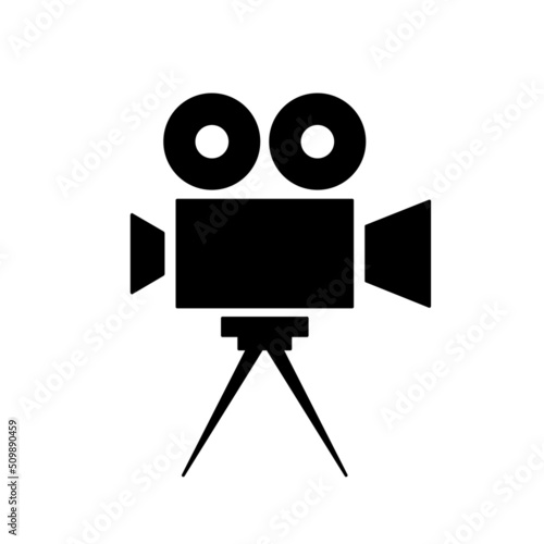 Camera. Professional film camera. Black flat icon isolated on white background. Vector clipart.