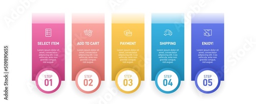 Concept of shopping process with 5 successive steps. Five colorful graphic elements. Timeline design for brochure, presentation, web site. Infographic design layout.