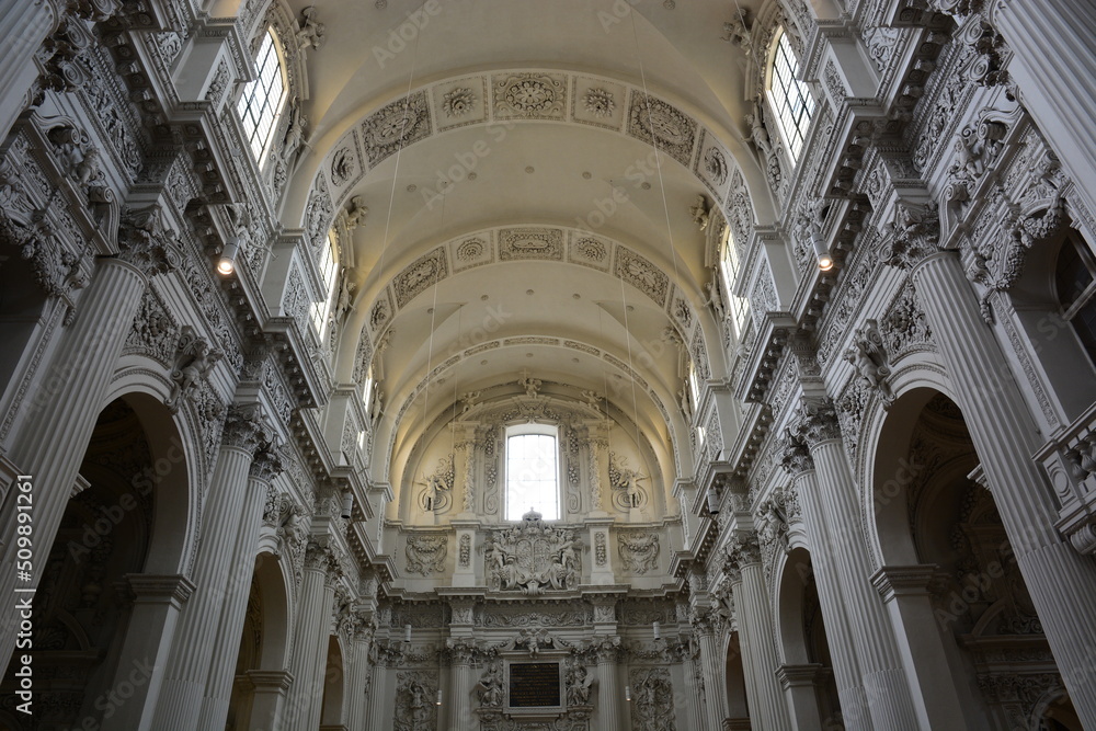 Munich, Bavaria, Germany - 08.07.2021: Interior of the baroque THEATINERKIRCHE (Theatine Church) in Munich