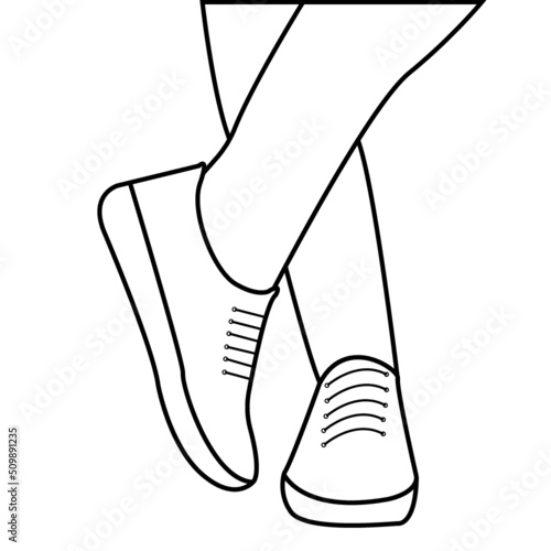 Feet in sneakers, sports shoes. Vector, drawing, schematic drawing.