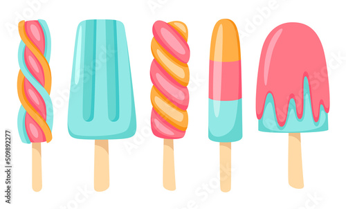 Set of vector illustrations of tasty ice creams isolated on white background. Sweet summer desserts with different tastes. Cartoon style illustration