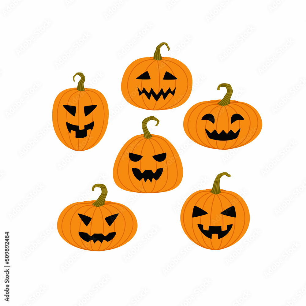 Set of orange pumpkins with smiles for the holiday Halloween. Vector illustration. Set of orange pumpkins with smiles for the holiday Halloween. Vector illustration.