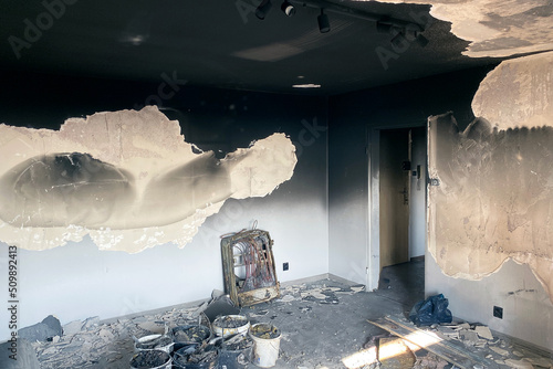 Принти на полотні House after the fire, burnt room from the inside