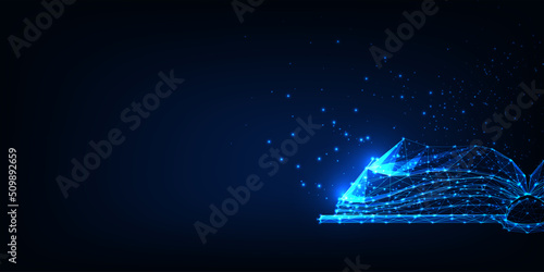 Futuristic digital open book concept banner in glowing style and copy space on dark blue 