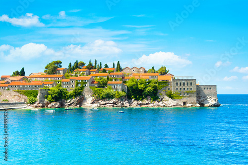 Beautiful  summer landscape of the Adriatic coast in The Budva Riviera with a view of the Sveti Stefan