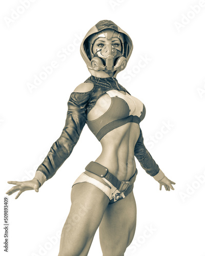 Fototapeta Naklejka Na Ścianę i Meble -  muscular woman in a cyberpunk suit is looking to the future