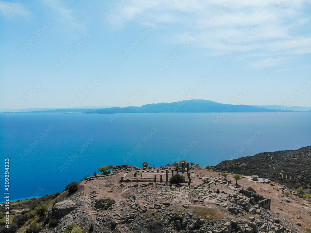   landscape of Athena temple in Assos. Aerial view of the ruins  in the ancient city of Assos. Behramkale, Canakkale, Turkey