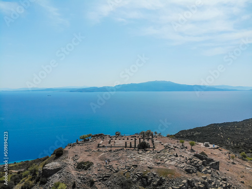  landscape of Athena temple in Assos. Aerial view of the ruins in the ancient city of Assos. Behramkale, Canakkale, Turkey