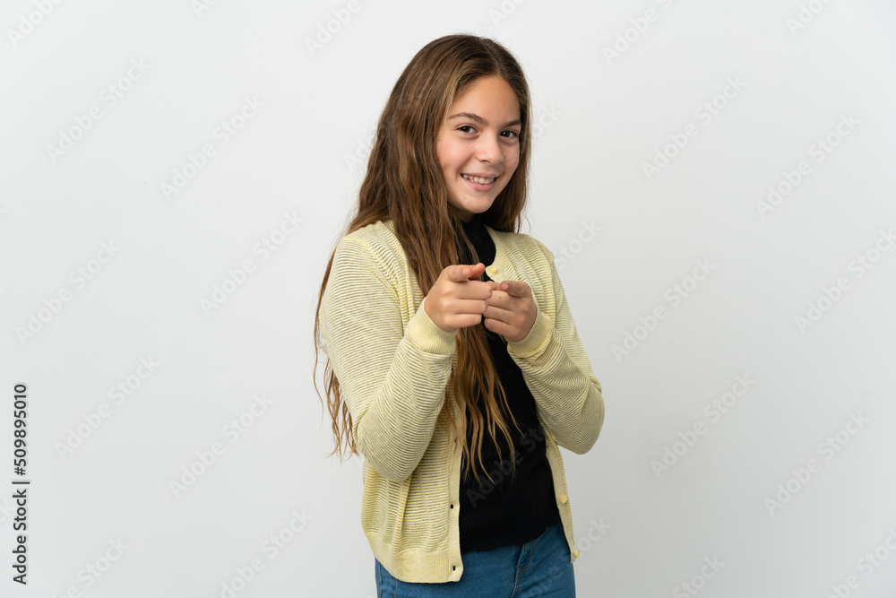 Little girl over isolated white background surprised and pointing front Little girl over isolated white background surprised and pointing front