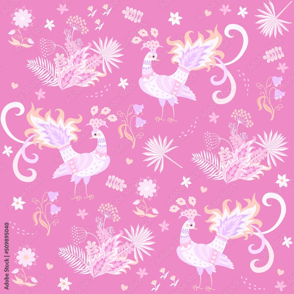 Cute cartoon peacocks in vintage style, flowers, leaves,.buds on a pink background in vector. Seamless print for fabric, wallpaper. Natural ditsy pattern. Excellent textile collection.