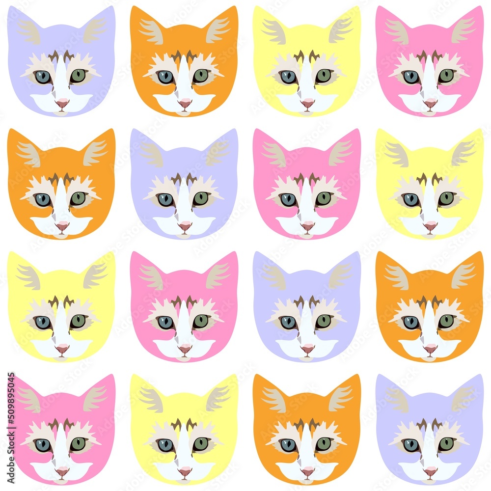 Fototapeta premium Seamless pattern with funny multicolored cat faces in vector. Animal print for fabric with the symbols of Chinese New Year 2023.